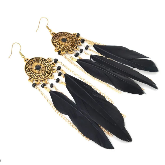 Wholesale Vintage earrings, fashionable feather chain tassel earrings, long style
