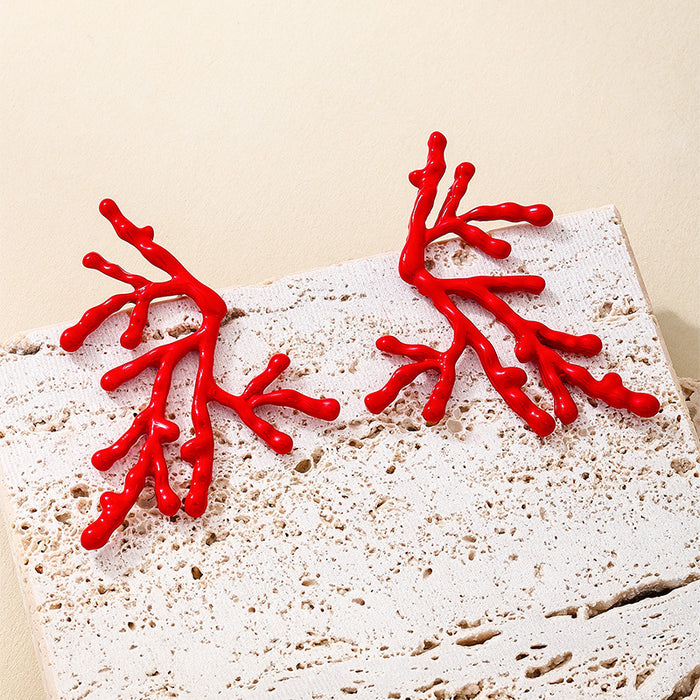 Wholesale Metal Red Coral Branch Women's Earrings Fashionable Pat Fun Earrings