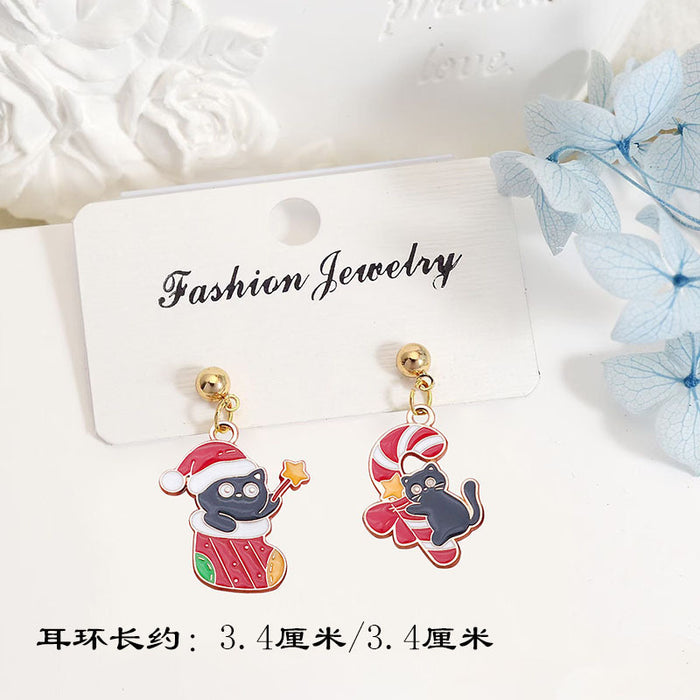 Wholesale Metal Alloy Christmas Earrings Cute Black Cat Design Party Gift for Women MOQ≥2