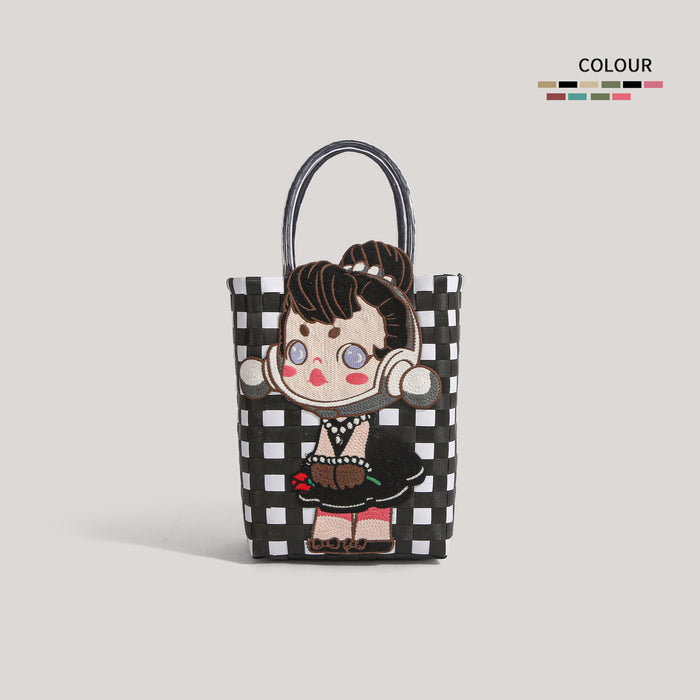 Wholesale  Plastic Woven Handbag Black Leather  Woven Vegetable Basket Handbag Handmade Bag