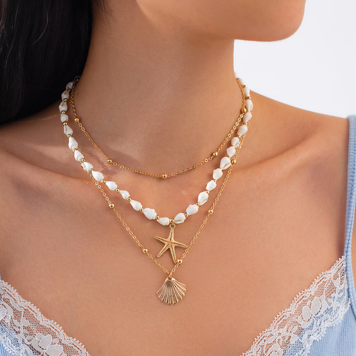 Wholesale Multi layer imitation pearl necklace set retro bead collarbone chain shell pendant