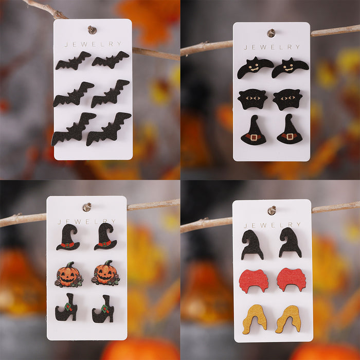 Wholesale  Bat Black Cat Witch Hat Earrings Set Women' s Wooden Earrings  Ear Jewelry