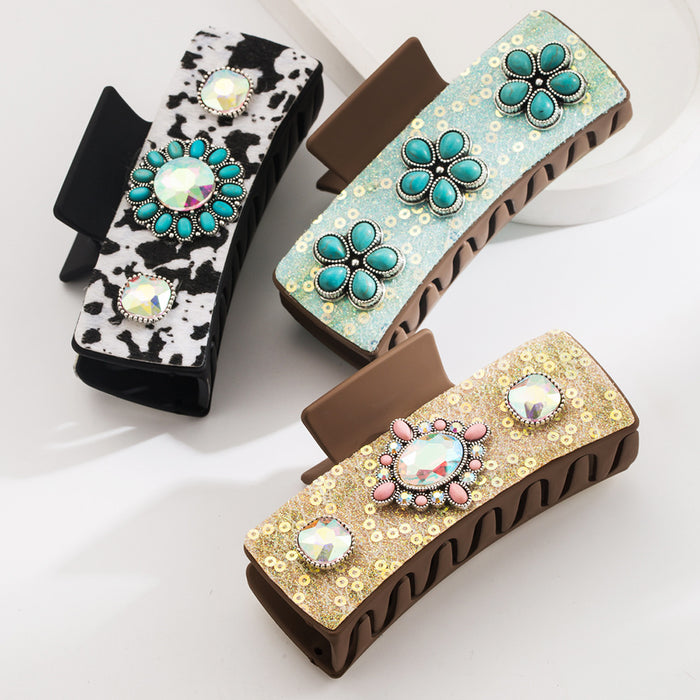 Wholesale Retro Leather Diamond-encrusted Pearl Turquoise Grab Clip Back Head Tie Hair Square Clip Elegant Hair Clip