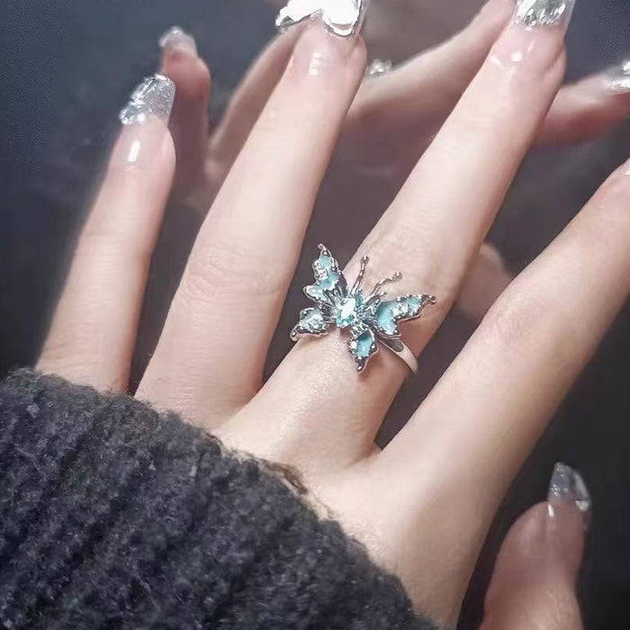 Wholesale Blue butterfly drop oil enamel open ring, niche design, personalized fashion, versatile