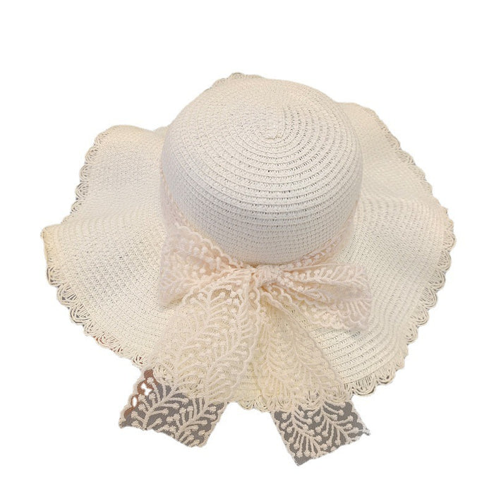 Wholesale Lace bow big brim straw hat breathable sun shading hat fisherman hat