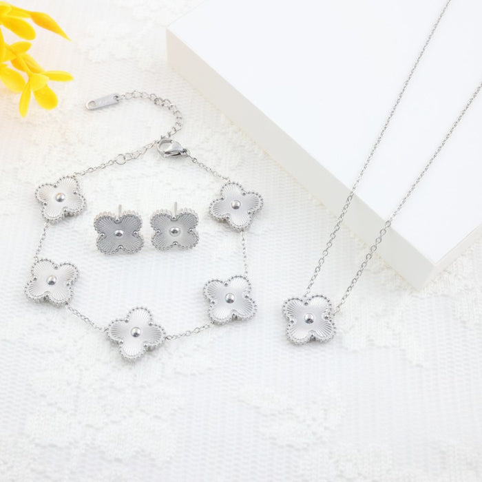 Wholesale Titanium Steel Four Leaf Clover Necklace Earrings Bracelet Set JDC-NE-BaiQing002