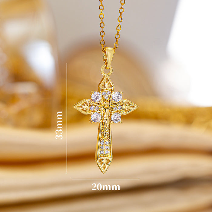 Wholesale Zircon-set cross Titanium steel necklace