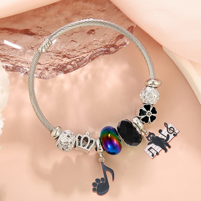 Wholesale Stainless Steel Plated Cartoon Black Cat Pendant Adjustable Bracelet for Women Party Wear