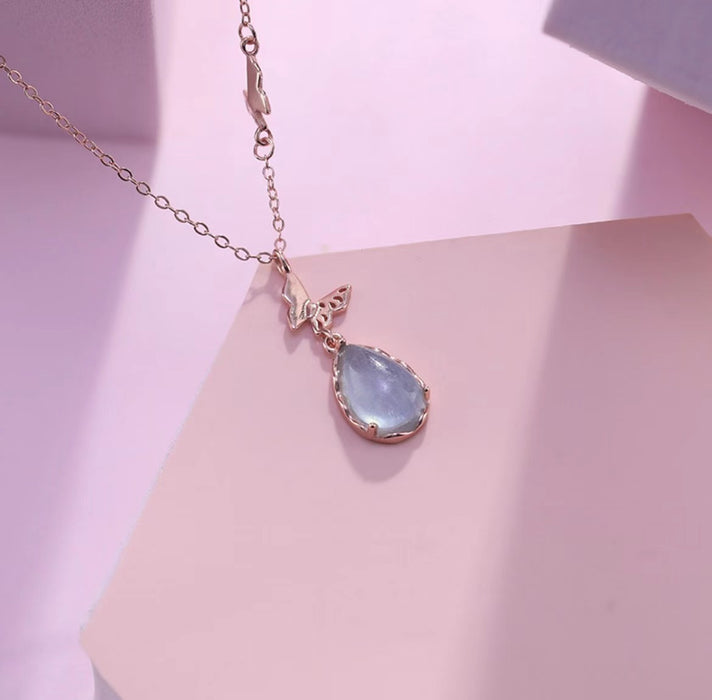 Wholesale New Pink Crystal Butterfly Necklace, Women's Light Luxury Water Drop Pendant, niche design, versatile collarbone chain