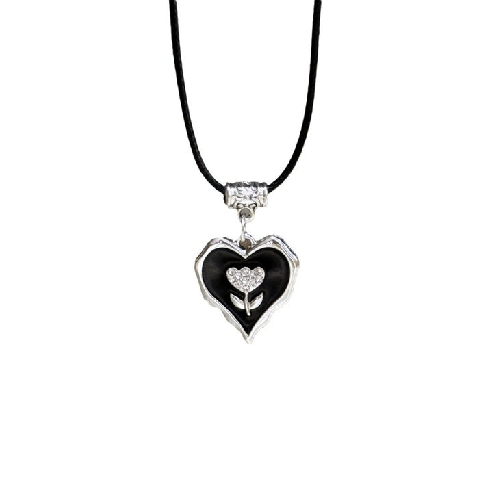 Wholesale Black Alloy Love Heart with Diamond Flowers Leather Rope Necklace JDC-NE-TongS001