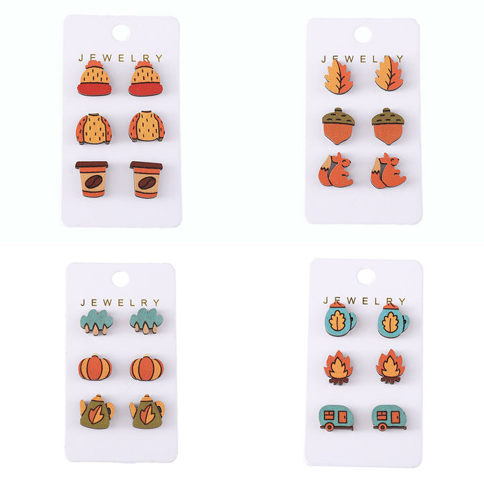 Wholesale Autumn Thanksgiving Maple Leaf Pumpkin Earring Set Wooden Personalized Thanksgiving Harvest Earring Gift