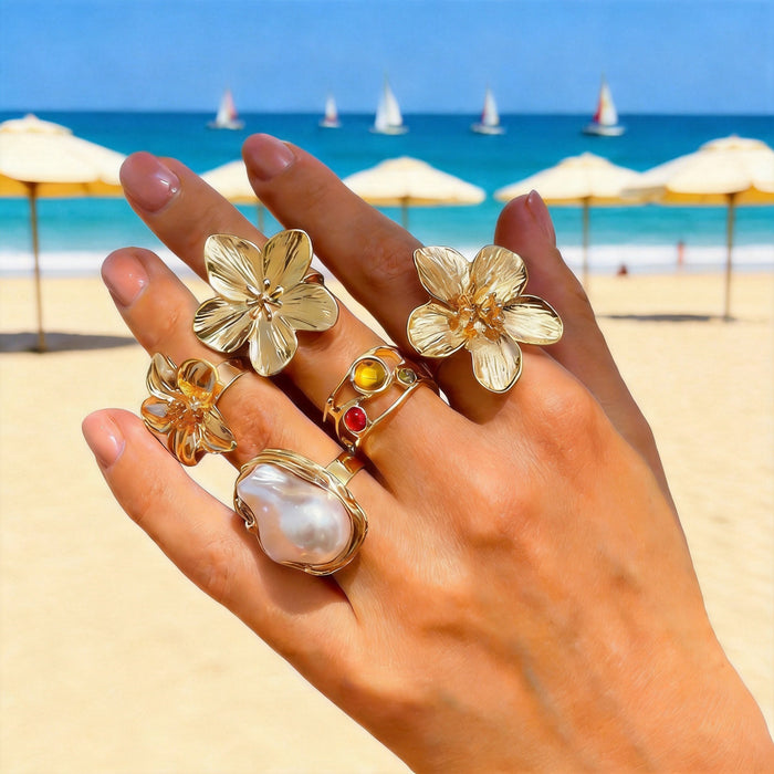 Wholesale Flower Design Gold Alloy Ring Set 5-Piece Fashion Jewelry Accessory