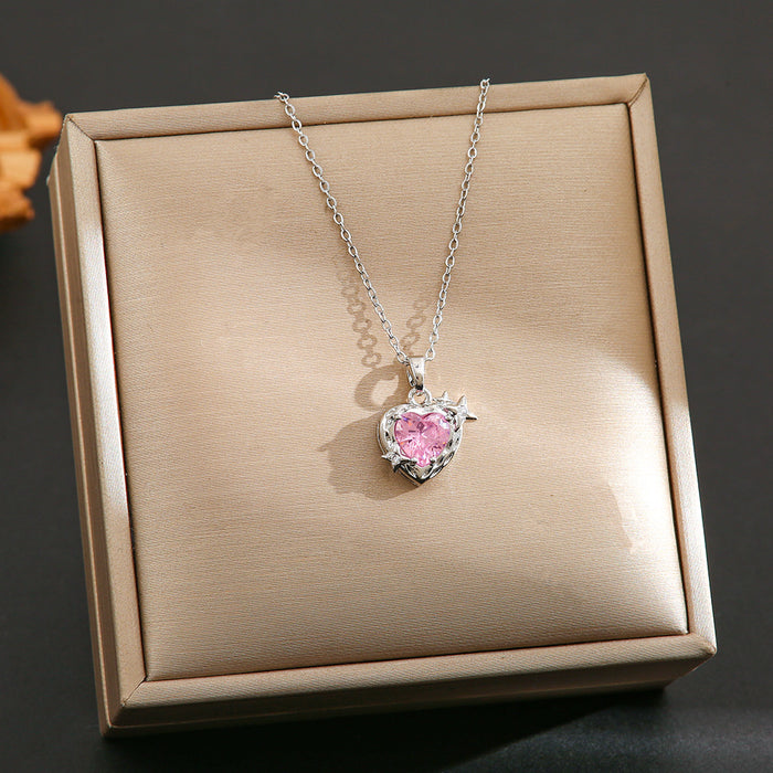 Wholesale Pink zircon silver titanium steel necklace