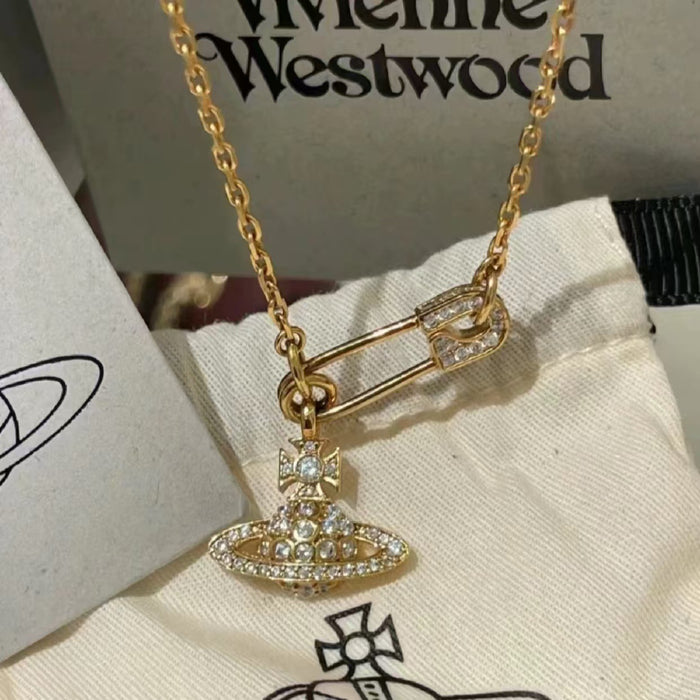 Wholesale Full diamond pin chain Saturn necklace women's paperclip collarbone chain