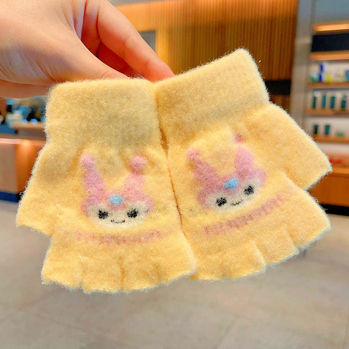 Wholesale Children' s Gloves Autumn and Winter Warm Cute Cartoon  Girls'  Half-Finger Flip Cover Baby Thickened Warm Five-Finger Set