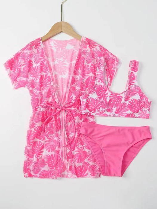 Wholesale Children's split swimsuit with waist cinching, sun protection print, girls' swimsuit