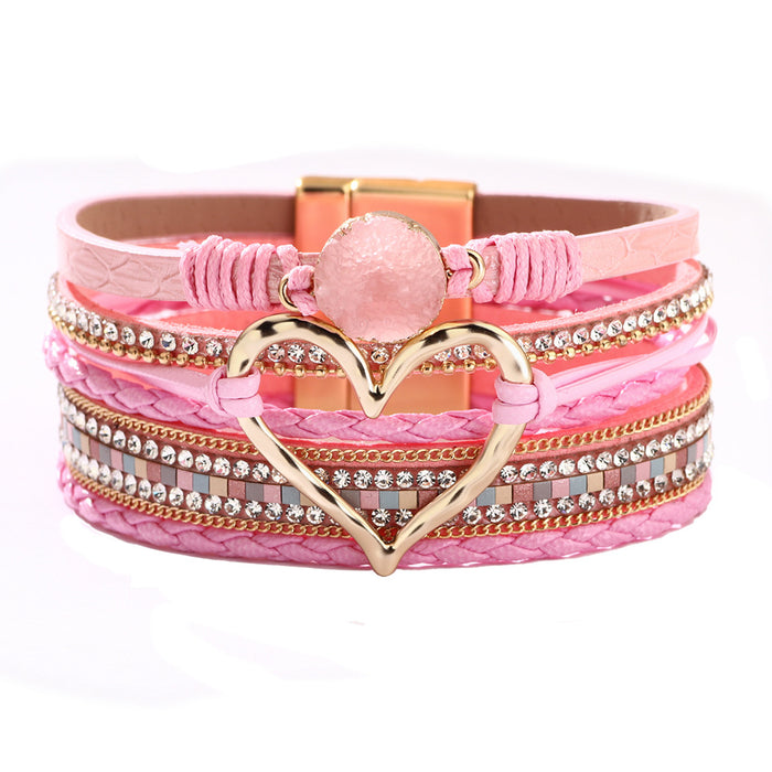 Wholesale New Bracelets for Women Bohemian Love Rhinestone Magnetic Bracelet PU Artificial Leather Soft Bracelet JDC-BT-QN001