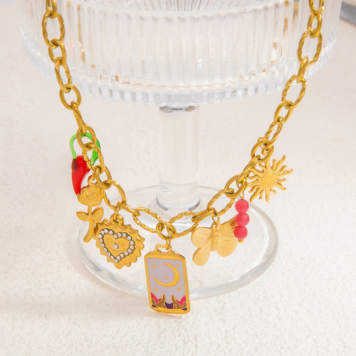 Wholesale Stainless steel necklace moon heart butterfly square brand personality red pepper rose mix clavicle chain