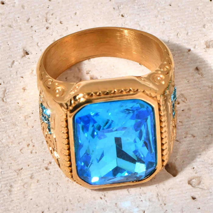 Wholesale HIPHOP titanium steel vacuum gold-plated ice blue rhinestone men' s ring