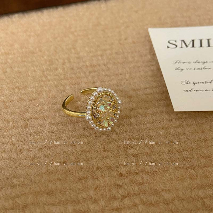 Wholesale Pearl flower open ring female exquisite diamond-embedded geometric ring