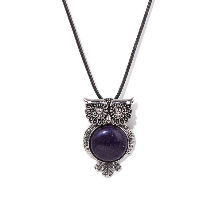 Wholesale Owl pendant necklace with semi precious stones tiger' s eye and amethyst