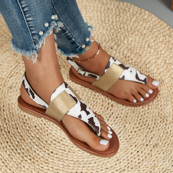 Wholesale Leather Buckle Round Toe Flat Casual Leopard Print Thong Sandals JDC-SD-KunTeng001
