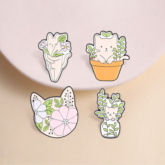 Wholesale Chic Zinc Alloy Cat Floral Brooch Pin Cartoon Potted Plant Enamel Badge Trendy Fashion Accessory