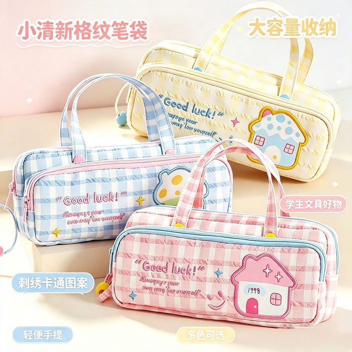 Wholesale Fabric Pencil Case Trendy Pink Plaid Face For School Girls
