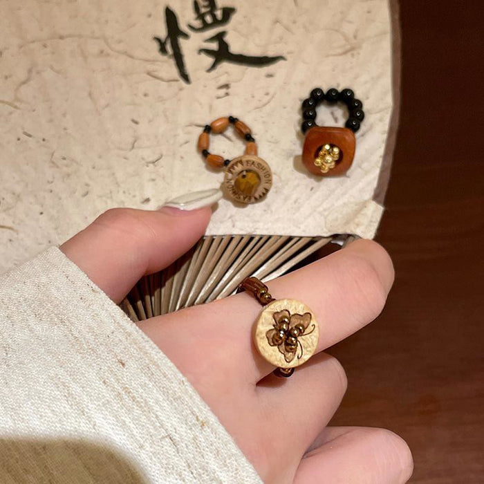 Wholesale Vintage brown beaded ring, wooden personalized bracelet, stacked with index finger ring