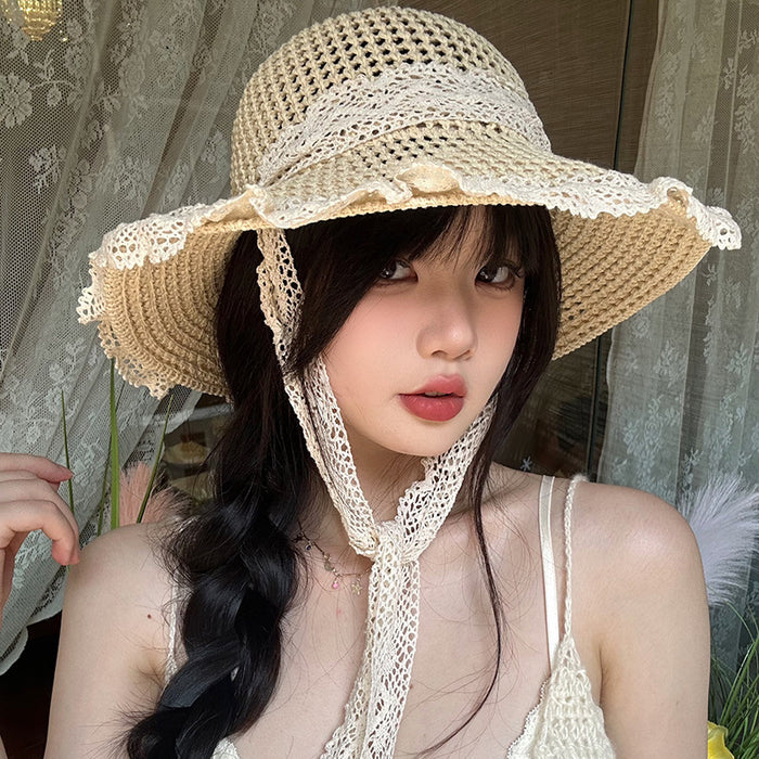 Wholesale Grass woven breathable lace lace tied fisherman hat versatile