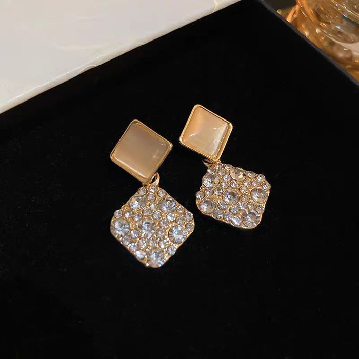 Wholesale New full diamond square earrings, simple and versatile, light luxury style earrings, niche earrings