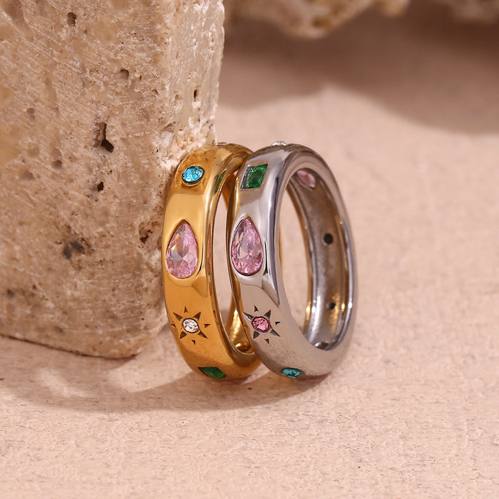 Wholesale Stainless steel gold-plated rectangular teardrop geometric colored zircon ring