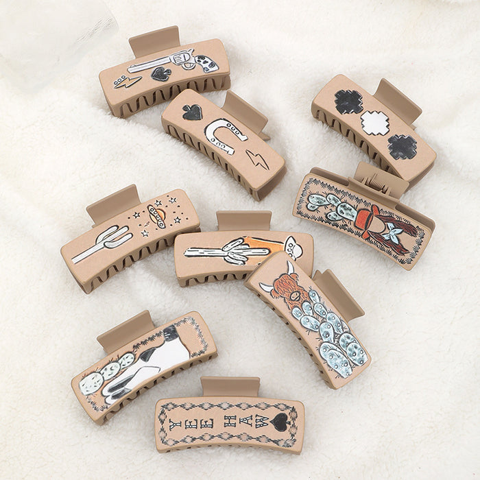 Wholesale Western Denim Wind Cactus Leather Women' s Hairpin Grab Clip Shark Clip