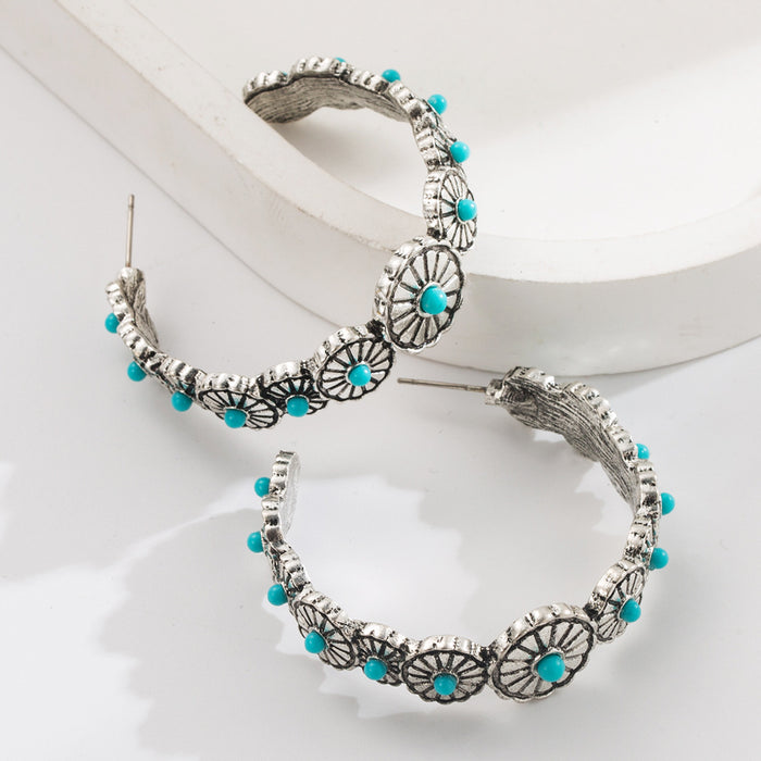 Wholesale Large C-shaped alloy statement earrings set with white and turquoise