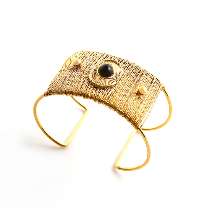 Wholesale Exaggerated opening bracelet with natural stone inlay and hollow woven stainless steel bracelet