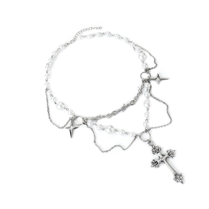 Wholesale Niche high-end design double-layer high gloss pearl cross necklace versatile