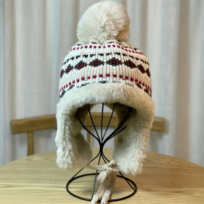 Wholesale Women's autumn and winter knitted woolen hat with warm ear protection and plush snow hat for cold protection