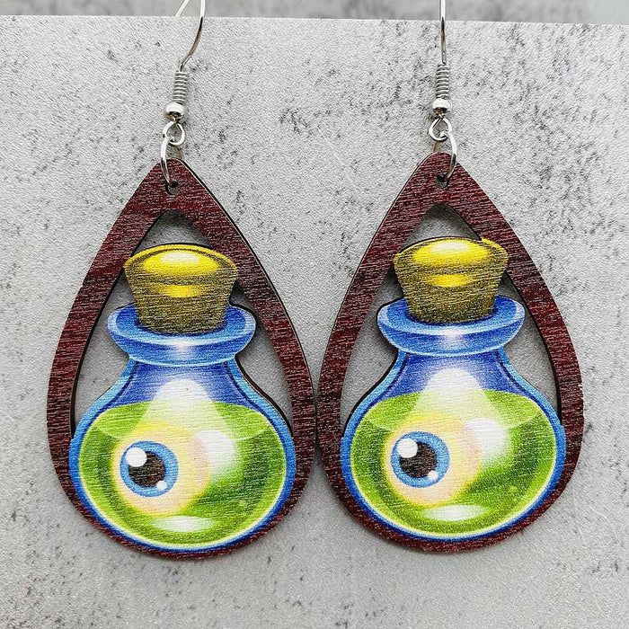 Wholesale   earrings horror ghost witch medicine jar printed wooden earrings holiday jewelry