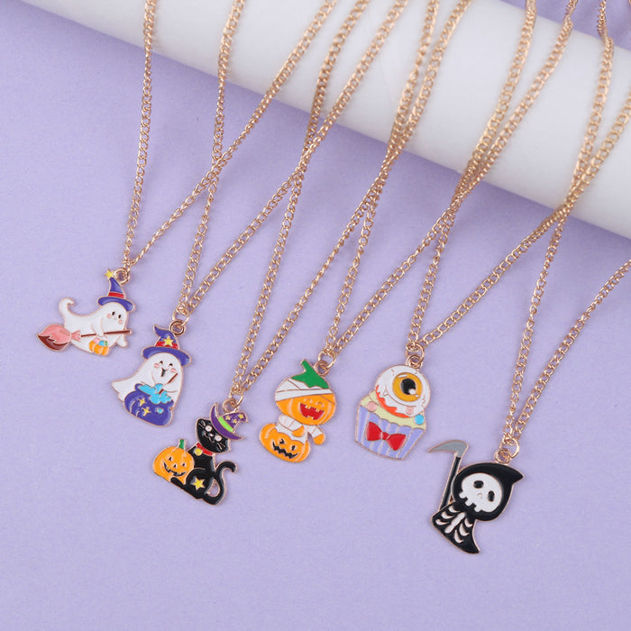 Wholesale Halloween Cartoon Ghost Black Cat Alloy Pendant Necklace JDC-NE-FuYu011