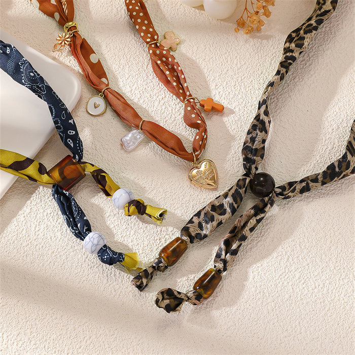 Wholesale Stylish Leopard Print Silk f Necklace Coffee Color Acrylic Pendant Jewelry Accessory