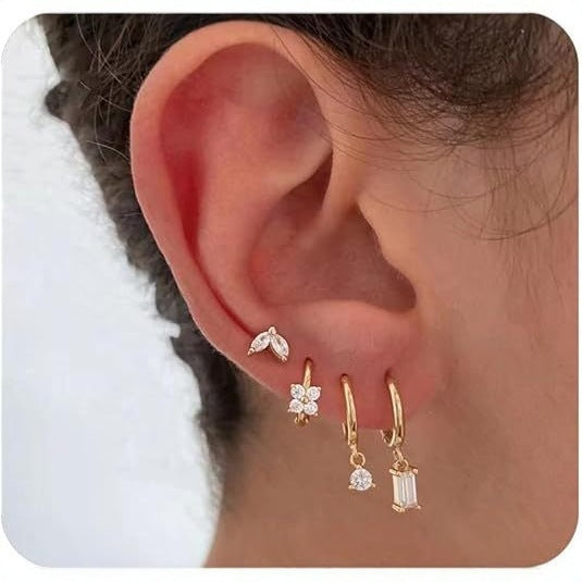 Wholesale Fashionable geometric earrings with micro inlaid zircon square earrings set, light luxury women's personalized four piece earring set