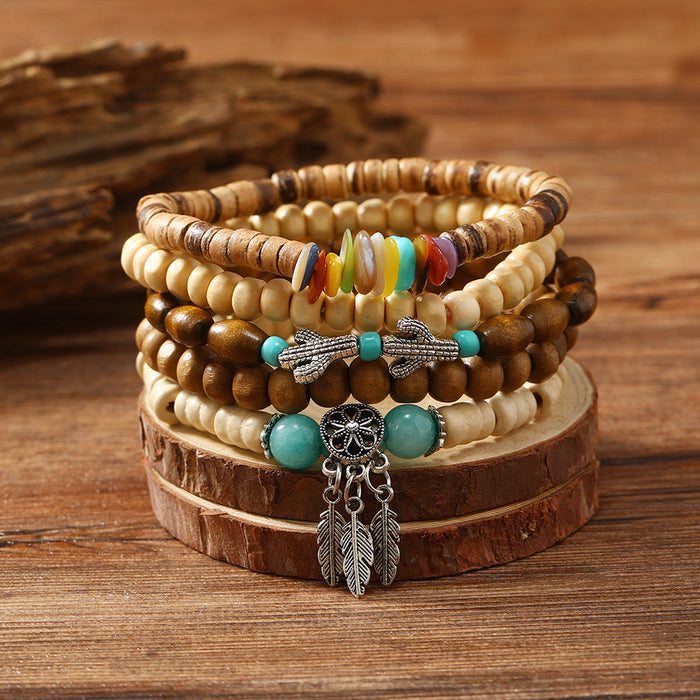 Wholesale Vintage seashell dreamcatcher cactus multi-piece wooden bead bracelet set