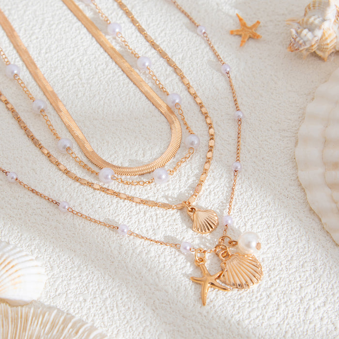 Wholesale Multi layer imitation pearl necklace set retro bead collarbone chain shell pendant