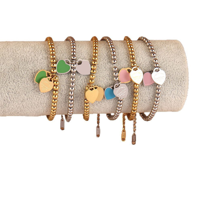 Wholesale Titanium Steel Multi-Color Enamel Peach Heart-Shaped Bracelet