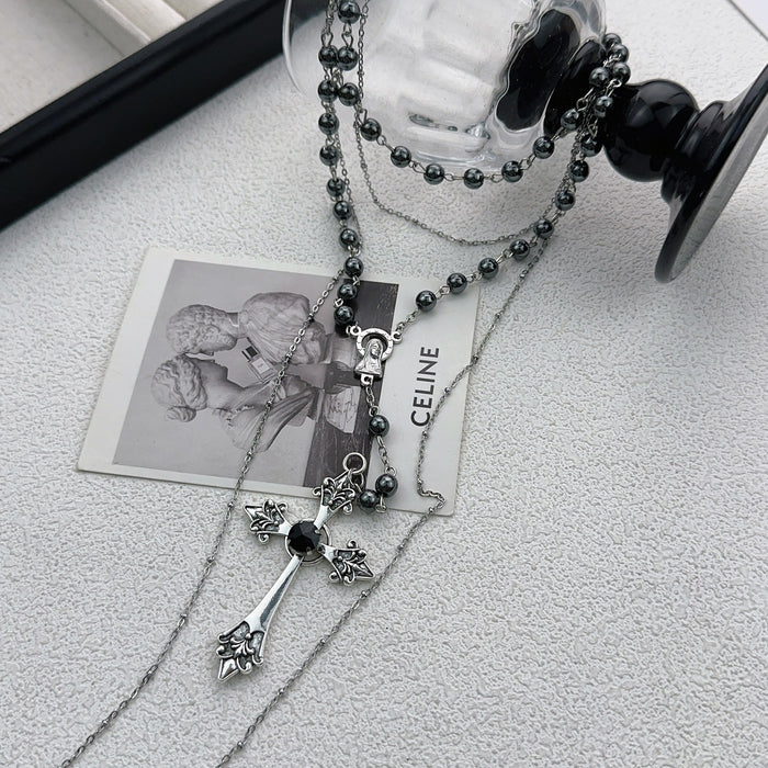 Wholesale Cross bead necklace, multi-layer stacked heavy industry long sweater, chain punk niche design accessory