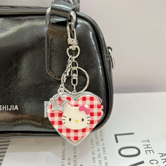 Wholesale Cute Cartoon Cat Checkered Heart Portable Mirror Keychain