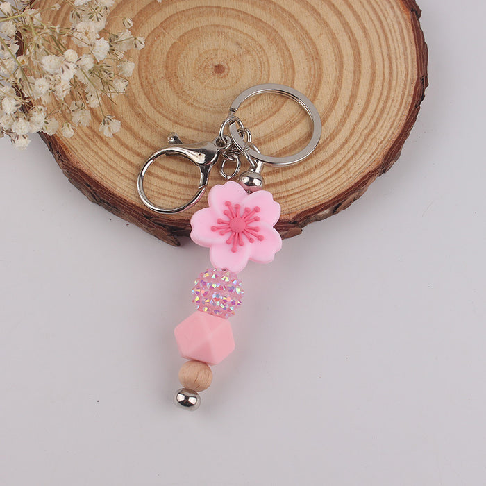 Wholesale Begonia  Flower Beaded Tassel Keychain Pendant Silicone Beads Handmade Bag Decoration Hanging