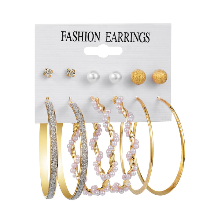 Wholesale 6-piece geometric pearl and diamond statement earring set
