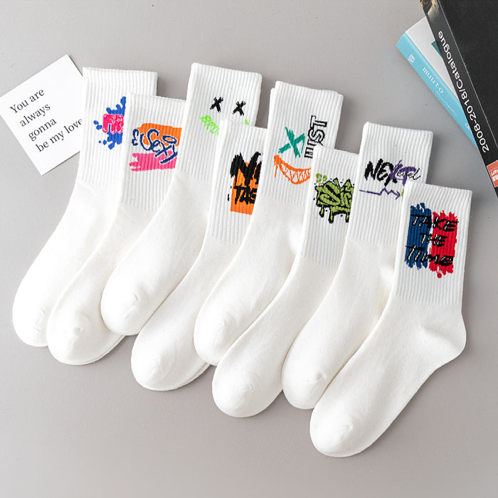 Wholesale 5pcs White socks men' s mid-calf socks autumn and winter basketball socks couple stockings black and white sports socks