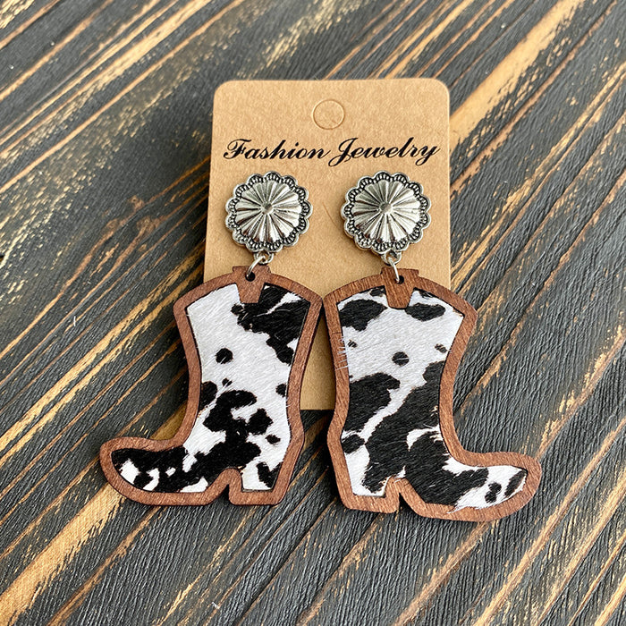 Wholesale Western Denim boots earrings classic leopard leather inlaid wood texture earrings